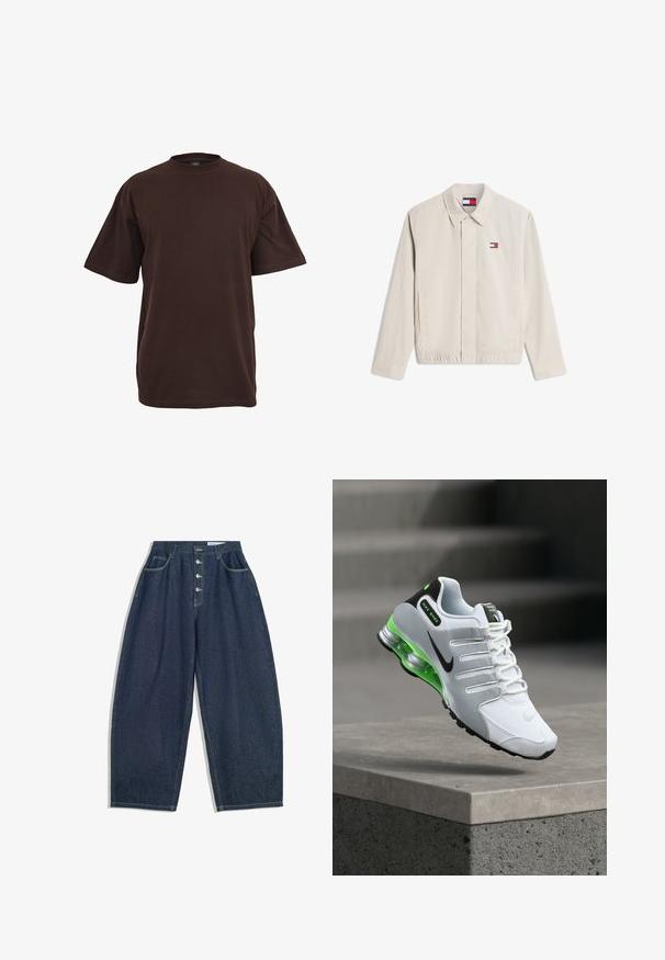 Beige leichte Jacke mit Kragen, verdeckten Knöpfen vorne, elastischem Saum, seitlichen Taschen und kleinem Tommy Jeans Logo auf der Brust und innen am Kragen.; Braunes Baumwoll-T-Shirt mit kurzen Ärmeln, Rundhalsausschnitt und lockerer Passform. Glatte Textur ohne sichtbare Muster oder Akzente.; Dunkelblaue Denim-Hose mit weiter Beinform und hoher Taille, fünfknöpfigem Verschluss und fünf Taschen. Mit Steppnähten an den Nähten.; Nike Shox Sneaker in Weiß und Grau mit schwarzen Akzenten, ausgestattet mit einem grünen gepolsterten Absatz, einer strukturierten Oberseite und mehreren Schnürösen.
