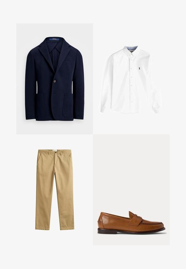 Marineblazer van gladde stof, met een geknipte revers, twee voorkoepels en een enkele knoopsluiting met een lichte glans.; Witte lange mouwen overhemd van katoen, met een button-down kraag, een voorplacket met knopen en een klein marineblauw kreeftenlogo op de borst.; Beige broek met rechte pijpen, riemlussen, ritssluiting en knoop, en zijzakken aan de voorkant, plat gelegd op een witte achtergrond.; Bruine leren penny loafer met lage hiel en gestikte details aan de voorkant en zijkanten, zijaanzicht op een witte achtergrond.