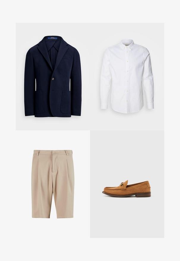 Blazer marine en tissu lisse, avec un revers cranté, deux poches avant et une fermeture à un bouton avec un léger éclat.; Chemise blanche à manches longues en coton, dotée d'un col structuré, d'une broderie de logo discrète et de boutons beige clair.; Shorts beige ajustés avec plis, dotés d'une fermeture à bouton et d'un design classique. Texture lisse, coupe longueur genou, sans poches visibles.; Mocassin pour homme en daim marron clair avec détail en métal et couture mocassin, présenté en profil sur un fond blanc uni.
