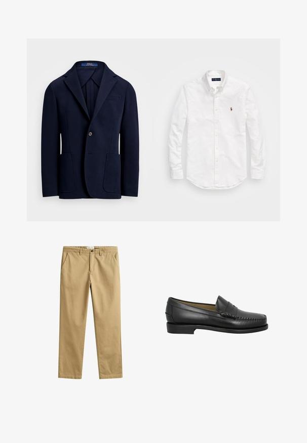 Marineblazer van gladde stof, met een geknipte revers, twee voorkoepels en een enkele knoopsluiting met een lichte glans.; Witte button-up shirt van katoen, met lange mouwen, een gebogen zoom en een klein geborduurd logo op de borst.; Beige broek met rechte pijpen, riemlussen, ritssluiting en knoop, en zijzakken aan de voorkant, plat gelegd op een witte achtergrond.; Zwarte leren instapper met een ronde neus, decoratieve stiksels en een lage, platte zool. Gladde textuur, minimalistisch ontwerp zonder versieringen.