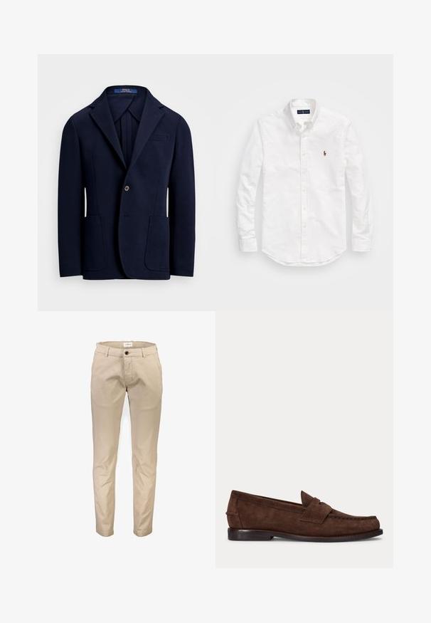Blazer navy de tela suave, con solapa muesca, dos bolsillos frontales y cierre de un solo botón con un ligero brillo.; Camisa blanca de botones hecha de algodón, con mangas largas, un dobladillo curvado y un pequeño logo bordado en el pecho.; Pantalones de algodón beige con diseño de pierna recta, que cuentan con bolsillos delanteros, cierre de cremallera y un solo botón. Textura lisa, sin estampados.; Zapato tipo loafer de ante marrón con tacón bajo y costuras visibles en la punta, el lateral y la parte trasera, mostrado sobre un fondo claro y liso.