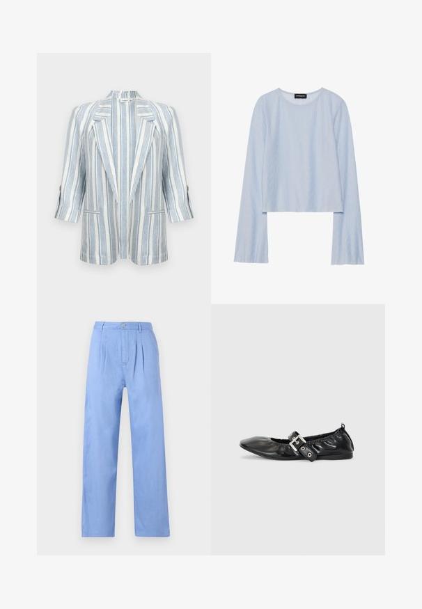 Blazer blanc à rayures verticales bleu clair, col à revers en cranté, manches trois-quarts, poignets boutonnés et deux poches avant.; Haut bleu clair à manches longues en tissu texturé avec un motif ondulé ; il possède un col rond et un ourlet court.; Pantalons en lin bleu clair avec une finition plissée à l'avant, taille haute et coupe droite. Présente une fermeture à bouton à la taille.; Chaussure plate en cuir noir avec un nez pointu, des détails froncés autour de l'ouverture et un accent en boucle argentée sur la bride ajustable.