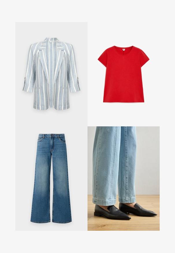 Hvid blazer med vertikale lyseblå striber, haknakkede revers, 3/4-ærmer, knapper ved manchetterne og to forlommer.; Rød kortærmet T-shirt i bomuld med rund halsudskæring og lige kant, vist fladt på en hvid baggrund.; Bredde ben blå denimjeans med en falmet finish, fem-lomme design og standard talje med metalknap og lynlåslukning.; Sorte lædersko med spids tå og slip-on design, parret med lyseblå bredbenede jeans, på et trægulv.