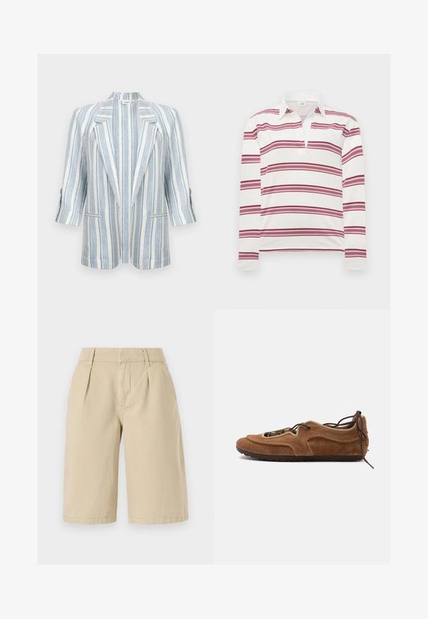Witte blazer met verticale lichtblauwe strepen, reversed revers, driekwart mouwen, knoopmanchetten en twee voorzakken.; Langarm polo-shirt in het wit met horizontale bordeauxrode en roze strepen, met een contrasterende kraag en een knoopsluiting voor een open halslijn.; Beige katoenen shorts met een relaxed fit, voorzien van voorplooien en zijzakken, die net boven de knieën eindigen met een nette zoom.; Bruine suède platte schoen met veterdesign en rubberen zool, zijaanzicht op een lichte achtergrond.