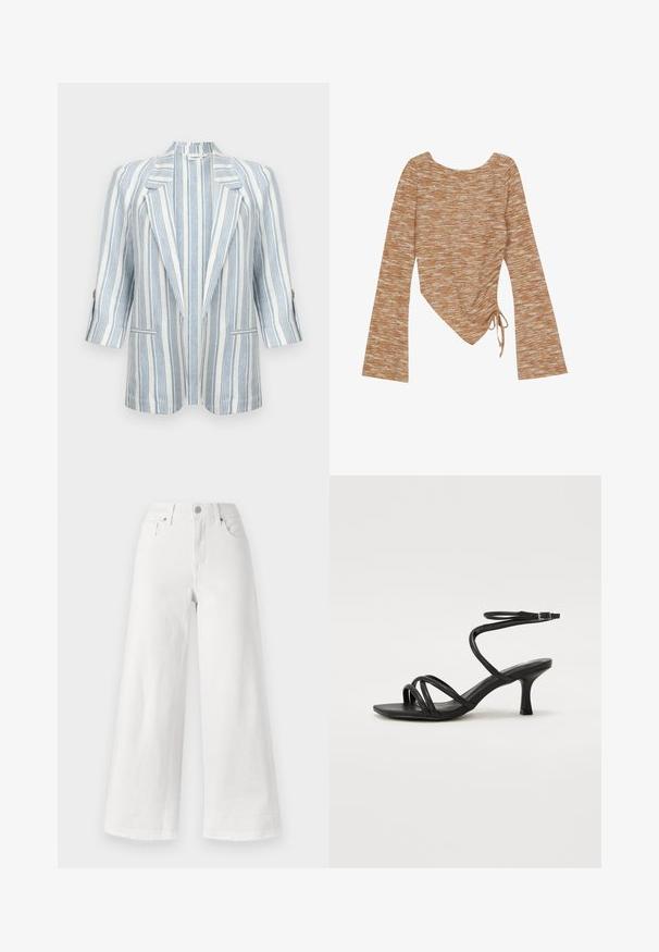 Blazer blanc à rayures verticales bleu clair, col à revers en cranté, manches trois-quarts, poignets boutonnés et deux poches avant.; Even&Odd T-shirt à manches longues - orange; Jean large blanc en denim, avec une taille haute, un design à quatre poches et un ourlet brut en bas pour ajouter de la texture.; Even&Odd Wide Fit Sandales - black