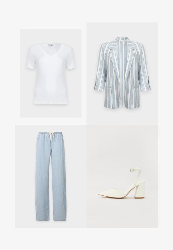 Blazer blanc à rayures verticales bleu clair, col à revers en cranté, manches trois-quarts, poignets boutonnés et deux poches avant.; Haut blanc à manches courtes côtelé avec col en V et coupe ajustée, présenté à plat sur un fond clair.; Pantalon à rayures verticales bleu clair et blanc avec taille élastique et cordon de serrage blanc, présenté sur un fond uni.; Sandale blanche à talon avec un bout pointu, sangle de cheville réglable et un talon carré épais. Texture lisse avec des détails de couture minimaux.