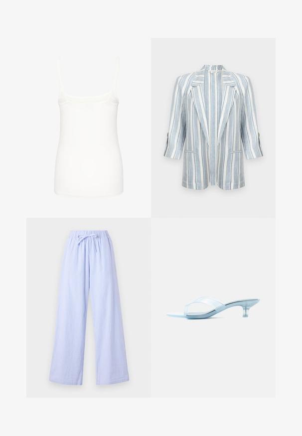 Blazer blanc à rayures verticales bleu clair, col à revers en cranté, manches trois-quarts, poignets boutonnés et deux poches avant.; Camisole blanche sans manches en tissu lisse, dotée de fines bretelles et d'une coupe ajustée avec un ourlet droit. Pas de motifs ou d'accents supplémentaires.; Pantalons à larges rayures bleu clair avec une taille élastique et un lien ajustable. Tissu doux avec des rayures verticales pour un peu de texture.; Sandale à talon bas transparent avec des brides transparentes et un talon fin légèrement incurvé sur fond blanc.