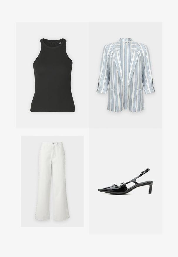 Blazer blanc à rayures verticales bleu clair, col à revers en cranté, manches trois-quarts, poignets boutonnés et deux poches avant.; Débardeur noir à côtes avec un col haut et sans manches. Présente une silhouette ajustée et une texture douce.; Jeans blancs taille haute à jambes larges avec poches avant, passants pour ceinture, fermeture par bouton, et détail décoratif de laçage sur les côtés des deux jambes.; Chaussure slingback en cuir verni noir à bout pointu, petit talon et deux brides réglables avec boucles, vue de profil latéral.