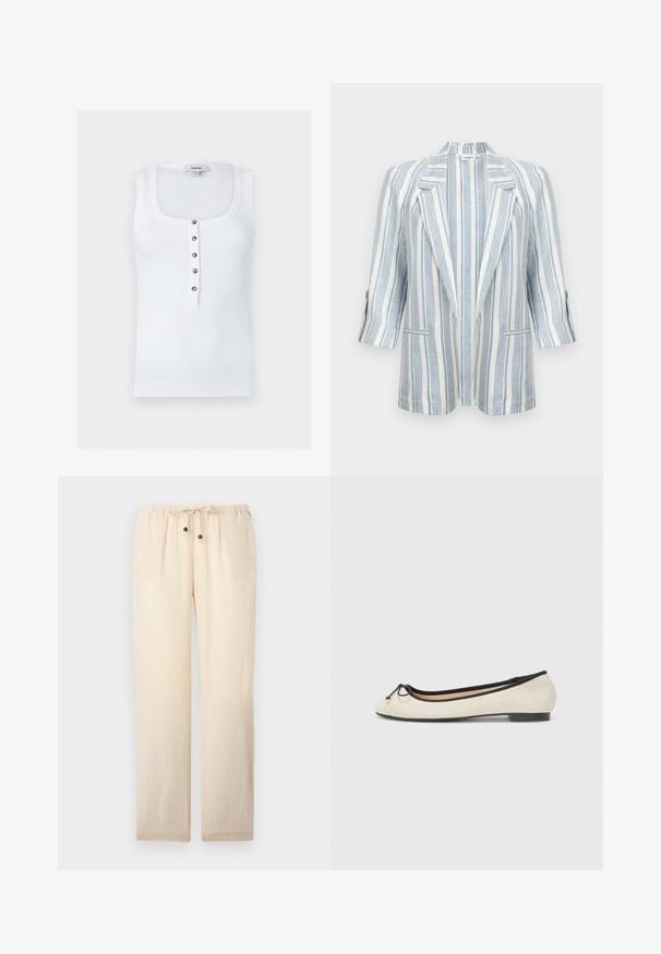 Blazer blanc à rayures verticales bleu clair, col à revers en cranté, manches trois-quarts, poignets boutonnés et deux poches avant.; Haut sans manches blanc côtelé avec col rond et cinq boutons marron au centre devant, avec une étiquette Topshop.; Pantalon beige clair, coupe ample, avec taille élastique et cordon de serrage orné de deux perles en bois aux extrémités, présenté sur un fond uni.; Ballerine en textile beige avec une bordure noire. Affiche un bout arrondi et un petit nœud en accent sur le devant. Semelle basse.