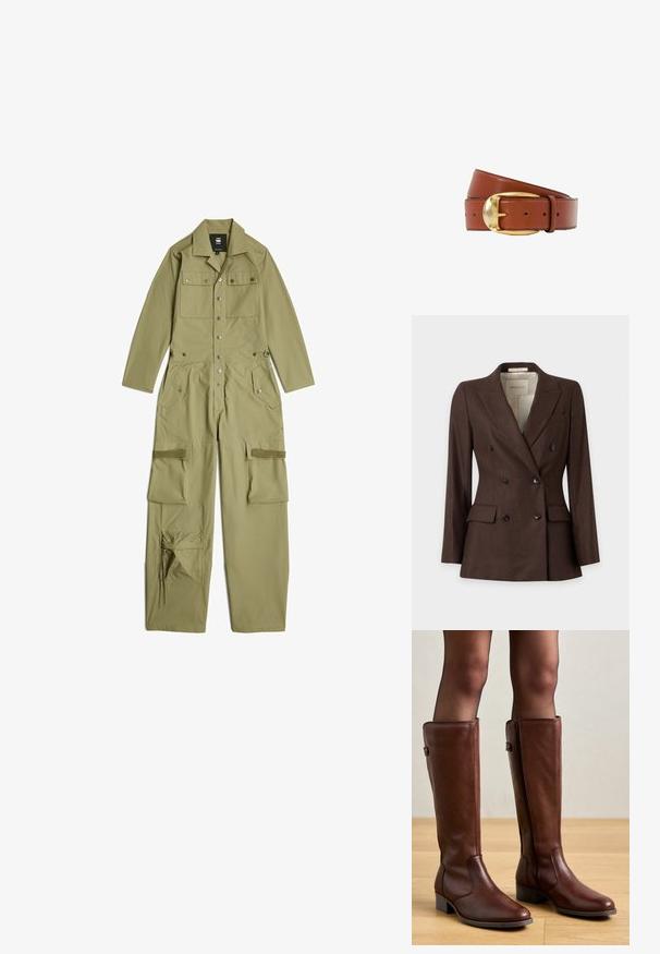 Blazer croisé marron foncé avec six boutons noirs, larges revers, deux poches à rabat et une poche poitrine sur fond uni.; Combinaison longue olive à manches longues avec col, fermeture à boutons devant, poches poitrine, grandes poches cargo sur les jambes et détail de poche avec cordon.; Anna Field by Zalando LEATHER - Bottes - brown; Ceinture en cuir marron enroulée avec une boucle dorée arrondie et plusieurs trous d'ajustement sur fond blanc.