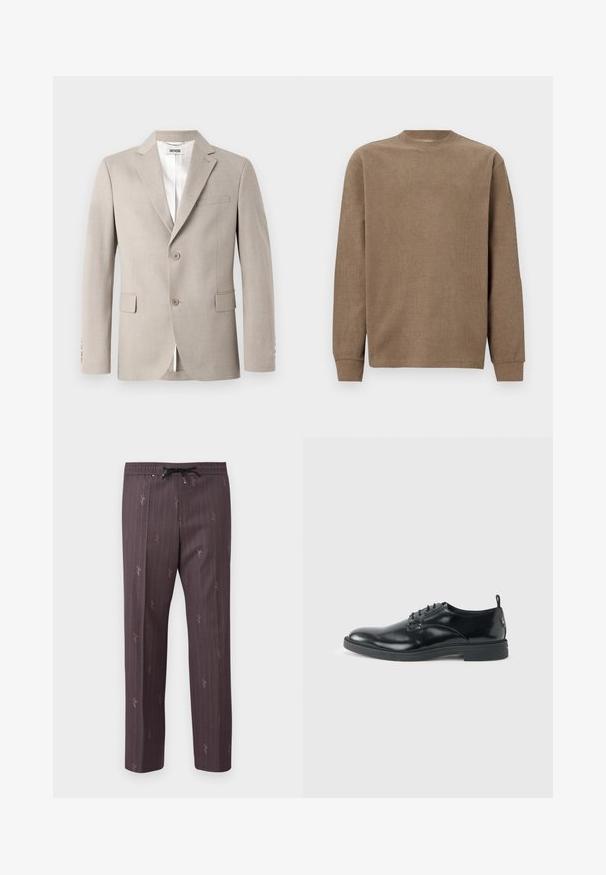 Beige blazer med notch-lapel, to knapper, brystlomme og klaplommer. Fremstillet af struktureret stof med hvid foring.; Brun ribbet langærmet sweater med rund hals og tætsiddende manchetter. Blød tekstur og enkelt design, velegnet til hverdag.; Elastisk taljebukser i mørk lilla med lodrette striber og subtile trykte detaljer. Let materiale med en afslappet pasform.; Blank sort læder dresssko med lav hæl, snørelukning og rund tå, vist fra siden på ensfarvet lys baggrund.