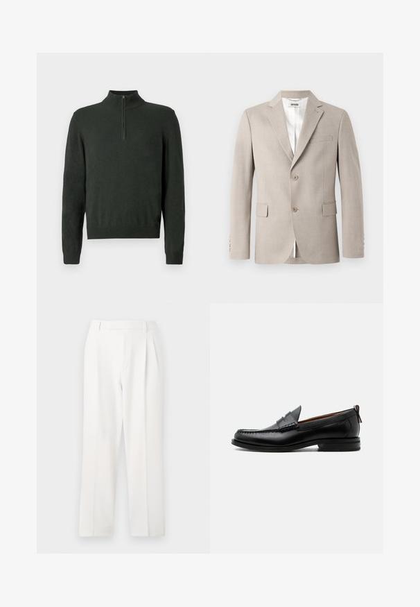 Beige Blazer mit Reverskragen, zwei Knöpfen, Brusttasche und Klapptaschen. Hergestellt aus strukturiertem Stoff und mit weißem Futter.; Dunkelgrüner Langarm-Pullover mit halbem Reißverschlusskragen sowie gerippten Bündchen und Saum auf einem schlichten Hintergrund.; Weisse, maßgeschneiderte Hose mit geradem Bein, mit Falten, flachem Front und glatter Stoffstruktur. Keine sichtbaren Taschen oder Akzente.; Schwarzer Leder-Herrenschuh mit Mokassinnaht, Penny-Riemen, strukturiertem Kragen und niedrigem gestapeltem Absatz auf weißem Hintergrund.