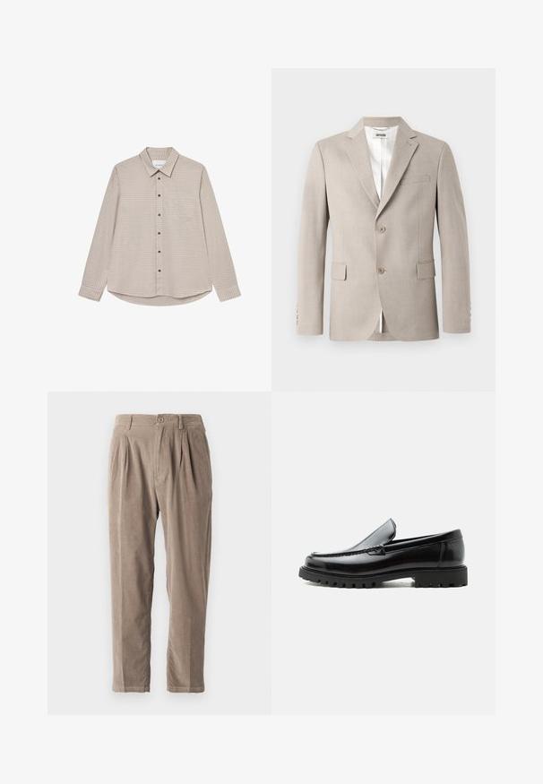 Beige blazer met notch-revers, twee knopen, een borstzak en klepzakken. Gemaakt van een gestructureerde stof, met een witte voering.; Bruine en beige geruite lange mouwen overhemd met een button-down kraag, een borstzakje en bruine knopen, met een gebogen zoom.; Beige corduroy broeken met een relaxed fit, voorzien van plooien, een knoopsluiting en zijzakken, een gestructureerd oppervlak en een taps toelopend ontwerp.; Zwarte leren loafer met dikke rubberen zool, gestikte bovenkant en gegraveerde merknaam op de hiel, zijaanzicht op witte achtergrond.