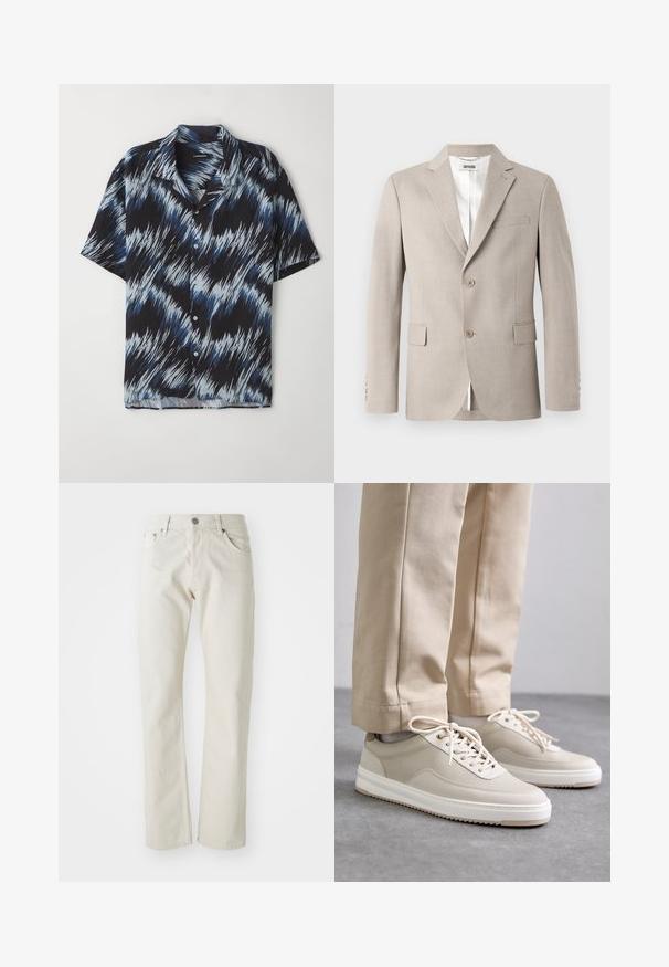 Beige blazer med notch-lapel, to knapper, brystlomme og klaplommer. Fremstillet af struktureret stof med hvid foring.; Kortærmet skjorte lavet af letvægtsstof, med et blåt og sort zigzagmønster, knaplukning fortil og spids krave.; Lyse beige jeans lavet af bomuld, med lige ben design, fem-lommers styling og en sølv metalknap lukning.; Beige sneakers med en tekstureret overdel, hvide såler og stikninger, parret med beige bukser, præsenteret på en grå overflade.