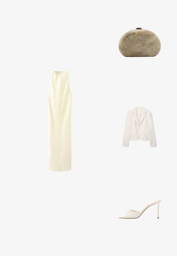 Blazer pour femme de couleur crème à un bouton, avec des revers à encoche, des manches longues et deux poches avant à rabat, présenté sur un fond blanc.; Robe longue crème sans manches avec un col haut, une coupe droite et une texture de tissu lisse.; Mule blanche à bout ouvert avec une seule large bride et un talon stiletto fin sur un fond blanc uni.; Petit sac pochette rigide beige marbré avec une forme arrondie et une fermeture à clip dorée sur le dessus.