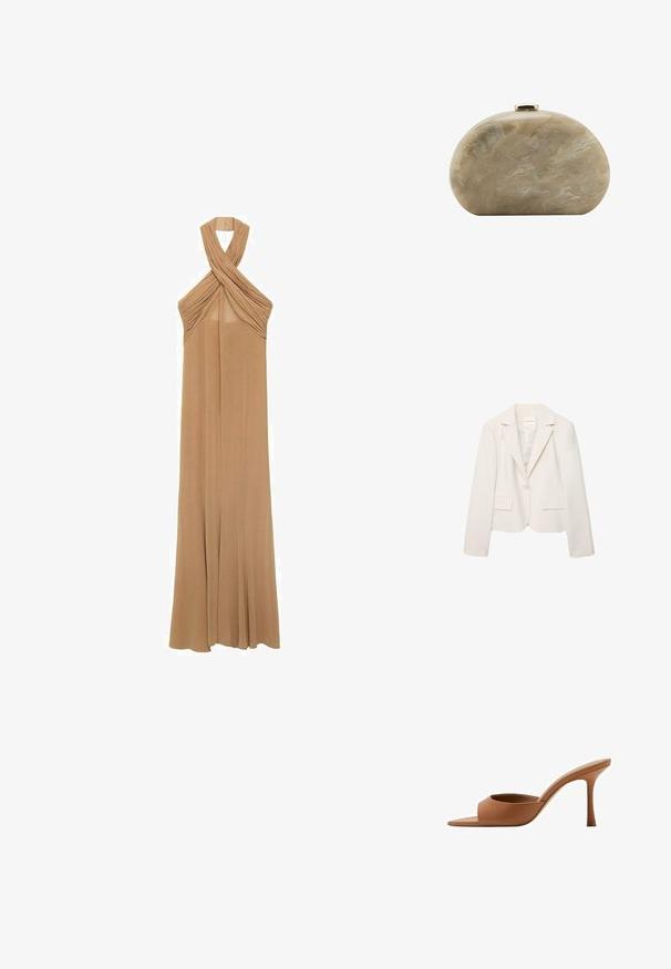 Eénknops, crèmekleurige damesblazer met inkeping revers, lange mouwen en twee voorzakken met klep, getoond op een witte achtergrond.; Halterneck jurk in zacht beige stof, met geplooide details bij de halslijn en een vloeiende, lange ontwerp tot op de vloer.; Bruine leren muil met open teen, een slanke hoge hak en een brede band aan de voorkant, zijaanzicht op een witte achtergrond.; Kleine beige marmeren harde schaal clutch tas met afgeronde vorm en gouden sluiting bovenop.