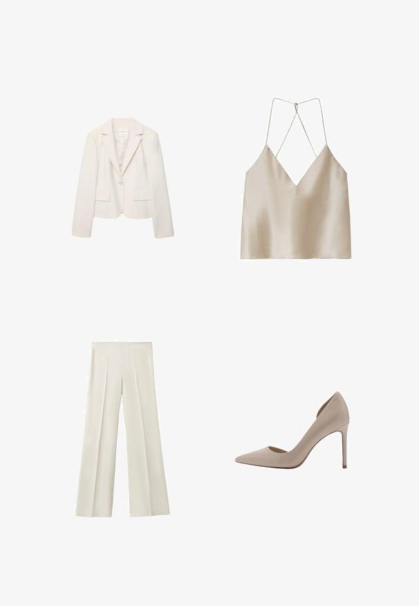 Eénknops, crèmekleurige damesblazer met inkeping revers, lange mouwen en twee voorzakken met klep, getoond op een witte achtergrond.; Beige satijnen camisol met een diepe V-hals en dunne, gekruiste spaghettibandjes aan de achterkant.; Wijde broekspijpen in licht beige stof met voorplooien. Soepele textuur en op maat gemaakt ontwerp voor een ontspannen pasvorm. Geen zichtbare sluitingen of accenten.; Beige lakleren high-heeled pumps met een spitse neus, ondiepe uitsnijdingen aan de zijkanten en een slanke hak. Gladde textuur met een glanzende afwerking.