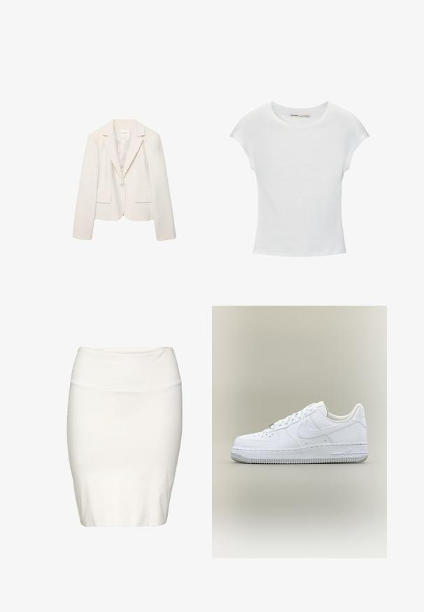 Blazer pour femme de couleur crème à un bouton, avec des revers à encoche, des manches longues et deux poches avant à rabat, présenté sur un fond blanc.; T-shirt en coton blanc avec manches courtes retroussées, encolure ronde et ourlet droit. Texture lisse sans motifs ni accents visibles.; Jupe crayon blanche à longueur genou en tissu doux et extensible. Caractérisée par une coupe ajustée avec une taille lisse et des coutures minimales.; Baskets blanches basses Nike Air Force 1 avec lacets, bout perforé et semelle en caoutchouc texturée sur fond neutre.
