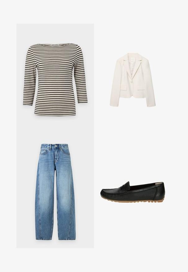 Kremfarvet dameblazer med enkelt knap, notched revers, lange ærmer og to forlommer med klap, vist på hvid baggrund.; Sort og creme stribet langærmet top med bådudskæring. Stoffet har en glat tekstur og ensartet mønster. Casual design med en afslappet pasform.; Blå højtaljede cowboybukser med brede ben, foran lukning med knapper og lynlås samt fem-lomme-design.; Sorte læder loafers med en tekstureret finish, gummisål og en stikning over forsiden, der har et lavprofil design.