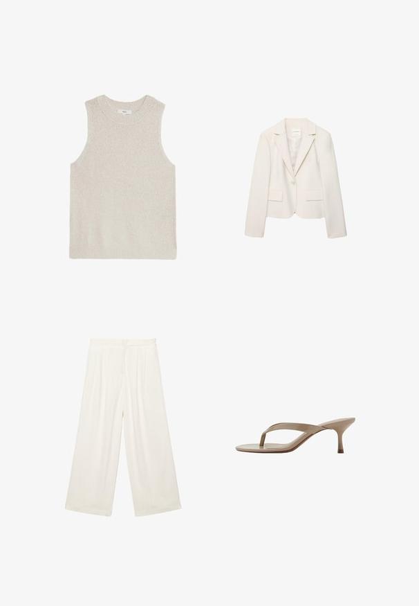 Blazer pour femme de couleur crème à un bouton, avec des revers à encoche, des manches longues et deux poches avant à rabat, présenté sur un fond blanc.; Pull sans manches beige clair avec un col rond côtelé, tissu texturé et design minimaliste ; sans marque ni motifs visibles.; Pantalon blanc à jambes larges avec plis à la taille et une fermeture à l'avant, conçu pour une coupe ample et confortable.; Sandale beige en cuir verni avec un talon kitten pointu et une semelle fine, vue de côté sur fond blanc.