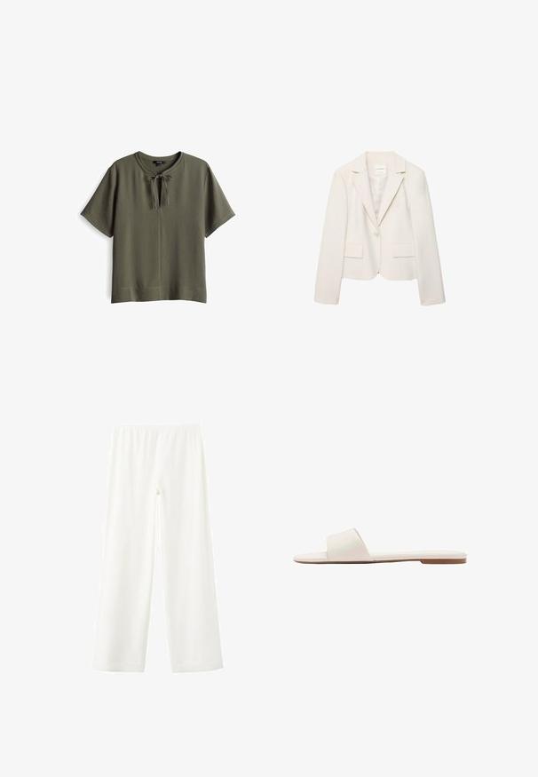 Blazer pour femme de couleur crème à un bouton, avec des revers à encoche, des manches longues et deux poches avant à rabat, présenté sur un fond blanc.; Haut vert olive à manches courtes avec un col rond et un détail noué à l'avant. Matériau doux et texturé avec une coupe décontractée.; Pantalon blanc ample avec taille élastique, jambes larges droites, et texture de tissu lisse, présenté sur un fond uni.; Sandale plate blanche à enfiler avec une large bride unique et une fine semelle marron, montrée de profil sur fond blanc.