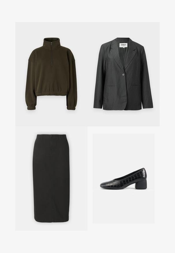 Hallatud halliribadega bleiser, millel on sakiline kaelus, ühe nupuga kinnitamine ja kaks eesmist taskut, valmistatud siledast ja kergest kangast.; Olive roheline lühike sweatshirt, mis on valmistatud pehmest kangast, kõrge krae, pooltõmblukuga kinnituse ja elastsete varruka- ja alumiste äärtega.; Must vask denimmaterjalist midi-seeliku sirge lõikega, ees nupuga kinnitamine ja kaks küljetaskut, millel on sile tekstuur ja minimaalsed õmbluse detailid.; Must või musta krokodillimustriga nahast kontsaga king, ümara varbaga, madala ploki kontsaga ja siledast tekstuurist. Lihtne disain ja minimalistlik siluett.