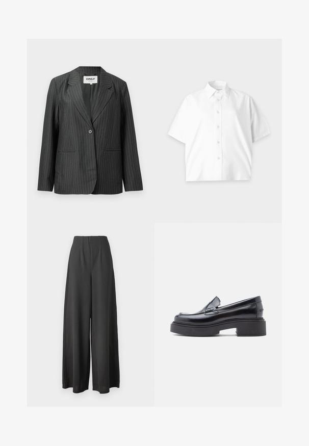 Grå blazer med smalle striber, med notched krave, enkelt knaplukning og to forlommer, lavet af glat, let stof.; Hvid kortærmet skjorte med knapper og krave, enkelt design og diskret logo på brystet, vist på en lys baggrund.; Sorte vide bukser lavet af et glat stof, med høj talje og plisseret design for ekstra struktur og dybde.; Sorte læder loafers med rund tå, der har en hævet platformssål og en enkel dekorativ rem over vamps. Glat finish.