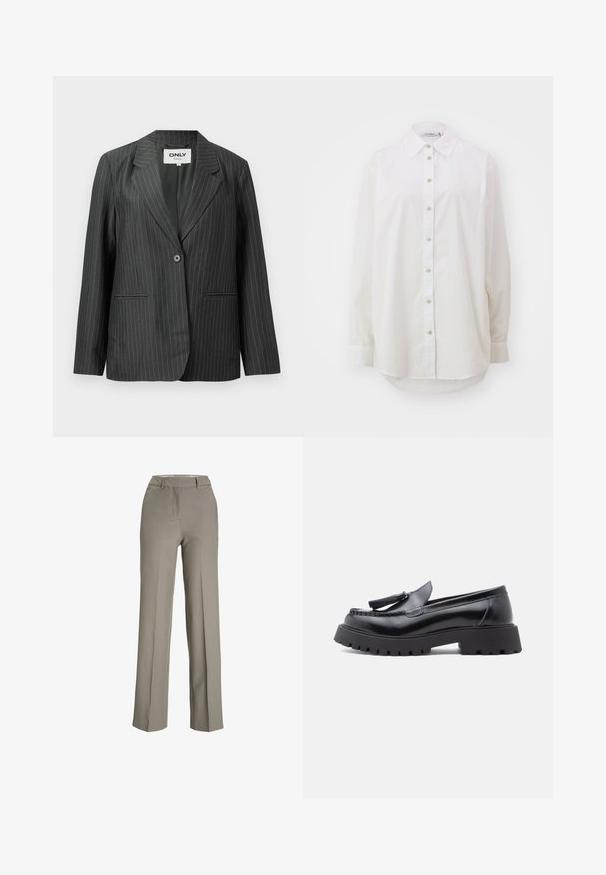 Grå blazer med smalle striber, med notched krave, enkelt knaplukning og to forlommer, lavet af glat, let stof.; Hvid skjorte med knapper lavet af bomuld. Har en klassisk krave, lange ærmer og en buet kant. Har standard knaplukning foran.; Lys grå, brede bukser lavet af et glat stof med en skræddersyet talje, frontfolder og sidelommer.; Sorte læderloafer med spids snit, kvastdetalje og chunky gummisål med slidmønster for godt greb.