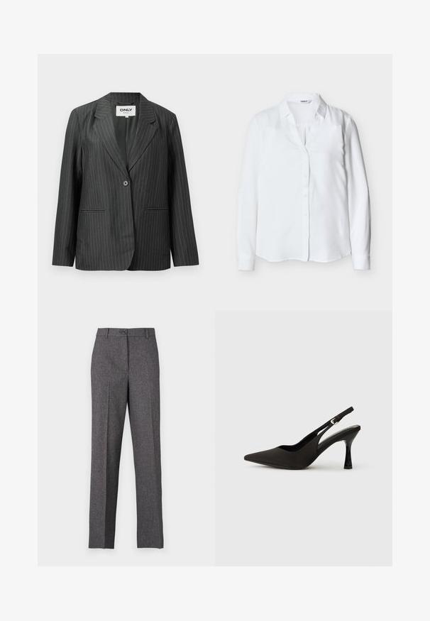 Blazer de rayas gris con solapa muestrera, cierre de un solo botón y dos bolsillos frontales, confeccionado en una tela suave y ligera.; Blusa blanca de manga larga para mujer con cuello y botones delanteros, confeccionada en tela lisa, exhibida sobre un fondo liso.; JDY Wide-leg JDYBLOOM Tapered Fit - Pantalones - black/white salt and pepper; Zapatos de tacón negro tipo slingback con puntera afilada, acabado mate suave y un tacón delgado y brillante. Correa ajustable con detalle de hebilla pequeña.