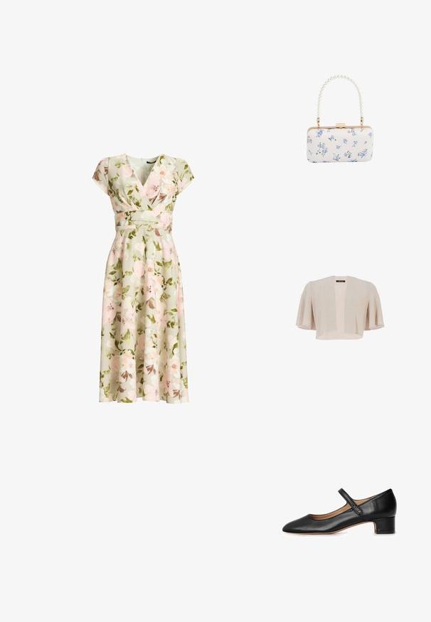 Swing Blazer - grey white; Grøn blomsterprint slå-om kjole med kapærmer, tætsiddende talje og A-formet midi nederdel med rosa og hvide blomster og grønne blade.; Sort læder Mary Jane-sko med afrundet tå, lav blokhæl og en central strop. Glat tekstur med minimale accenter.; Hvid rektangulær clutch med blåt blomsterprint og perlebehandlet håndtag med guldfarvet hardware og lås.