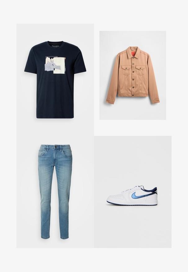 Beige denimjack met een gestructureerde afwerking, voorzien van een kraag, twee borstzakken en een knoopsluiting aan de voorkant. Casual design.; Navyblauwe katoenen T-shirt met korte mouwen, voorzien van een gelaagde grafische print in lichte kleuren en tekst in het midden.; Lichtblauwe denim jeans, rechte pijpen, vijf-pocket ontwerp, met een knoopsluiting en subtiele vervaging voor textuur en detail.; Witte lage sneaker met donkerblauwe Nike-swoosh, veters en hiel details, zijaanzicht op een effen witte achtergrond.
