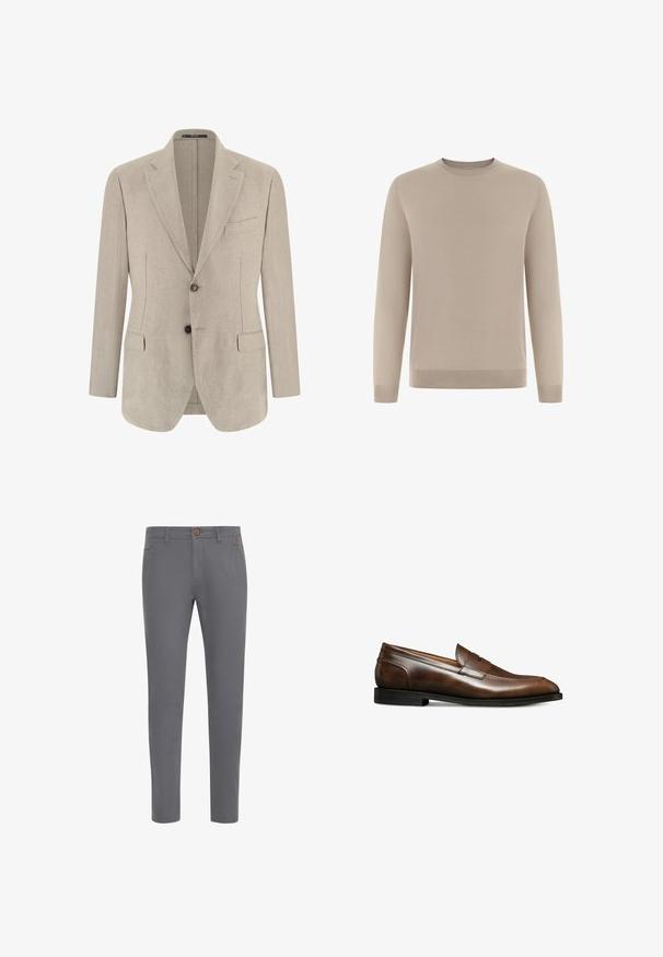 Beige enkelrijjksoverhemd herenblazer met ingesneden revers, twee voorflapzakken, één borstzak en twee knopen.; Beige trui met lange mouwen, gemaakt van zacht, fijngebreid materiaal. Voorzien van een ronde hals en geribbelde boorden aan de mouwen en zoom voor een aansluitende pasvorm.; Grijze katoenen broek met een aansluitend ontwerp, voorzien van een knoopsluiting, standaardzakken en een gladde textuur.; Bruine leren instapschoen met een gladde afwerking, ronde neus, subtiele stikselaccenten en een lage zwarte blokhak.