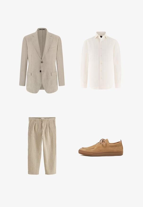 Beige enkeltknappet herreblazer med hakkede slag, to forlommer med klap, en brystlomme og to knapper.; Hvid skjorte med lange ærmer, subtile lodrette striber, knappet foran, klassisk krave og knappede manchetter.; Beige linnedbukser med forplisseringer foran, sidelommer, knaplukning og snøre i taljen.; Lysebrune casual sko i ruskind med rundet tå, snørelukning og gummisål. Har syningsdetaljer og en lille logo på siden.
