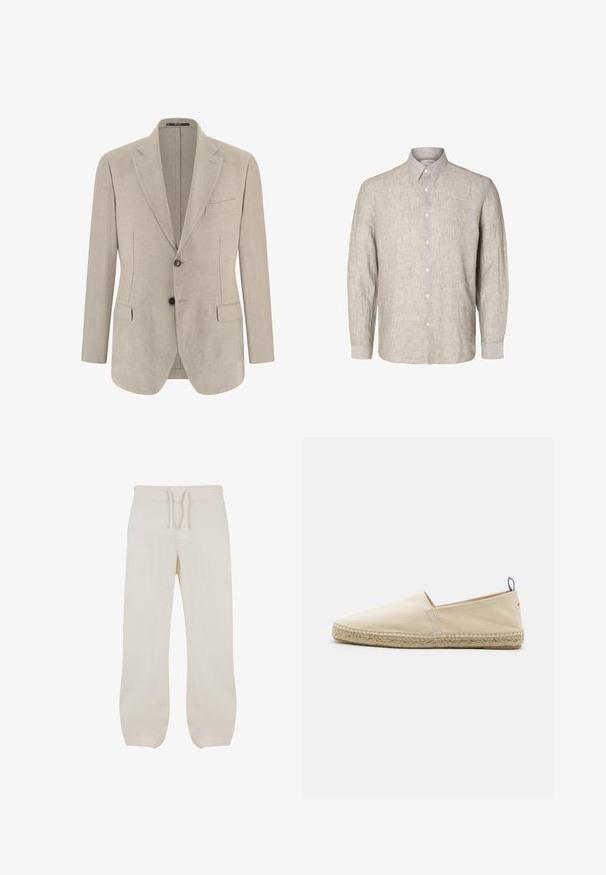 Blazer beige pour homme à simple boutonnage avec revers crantés, deux poches à rabat à l'avant, une poche poitrine et deux boutons.; Chemise en lin gris clair à manches longues, col boutonné et boutons à l'avant. Tissu texturé avec un motif subtil.; Pantalons en lin beige clair avec une taille élastique et un cordon de serrage. Design à jambe droite avec une texture lisse et un léger rétrécissement aux chevilles.; Espadrille en toile beige avec un bout rond, semelle en jute tressé et un petit accent rouge et bleu sur le talon. Légère et sans fermeture.