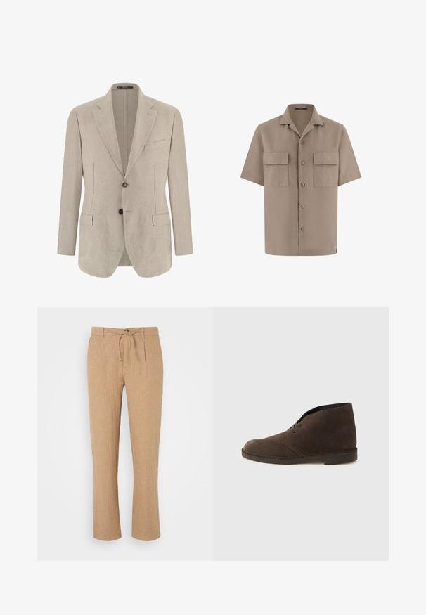 Beige einreihiges Herren-Sakko mit Kerbkragen, zwei vorderen Pattentaschen, einer Brusttasche und zwei Knöpfen.; Beige kurzärmliges Hemd mit Knopfleiste, zwei aufgesetzten Taschen vorne und einem Kentkragen, auf weißem Hintergrund dargestellt.; Beige Leinenhosen mit geradem Bein, Kordelzugbund und dezent strukturiertem Finish. Vorderfalten verleihen dem klassischen Stil Detail.; Brauner Ankle-Boot aus Wildleder mit zwei Ösen, niedrigem Absatz und genähter Sohle vor einfachem hellgrauem Hintergrund.