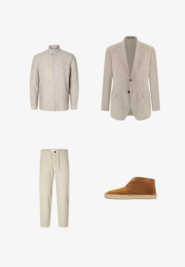 Beige einreihiges Herren-Sakko mit Kerbkragen, zwei vorderen Pattentaschen, einer Brusttasche und zwei Knöpfen.; Helles graues Leinenhemd mit langen Ärmeln, geknöpftem Kragen und vorderer Knopfleiste. Textil mit einer dezenten Struktur.; Selected Slim Tapered Linen Blend - Stoffhose - vetiver; Braune Wildleder-Stiefeletten mit einer abgerundeten Spitze und einer Sohle aus Jute-Seil. Sie verfügen über ein Schnürdesign und eine glatte Textur, ideal für die Freizeit.