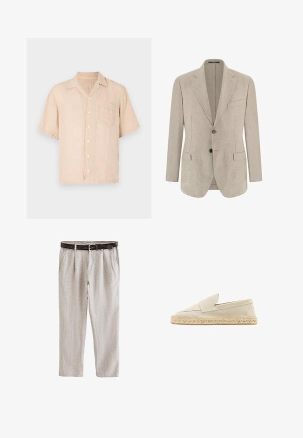Beige einreihiges Herren-Sakko mit Kerbkragen, zwei vorderen Pattentaschen, einer Brusttasche und zwei Knöpfen.; Kurzärmeliges, hellbeiges Leinenhemd mit spitzem Kragen, Knopfleiste und Brusttasche. Weiche Textur und lockere Passform.; Hellbeige Leinenhose mit Falten, Seitentaschen und einem dunkelbraunen gewebten Gürtel mit silberner Schnalle.; Beige Wildlederschuh mit Espadrille-Design und Schlüpfform, mit runder Zehenform, geflochtener Jutesohle und minimalen Nähten.