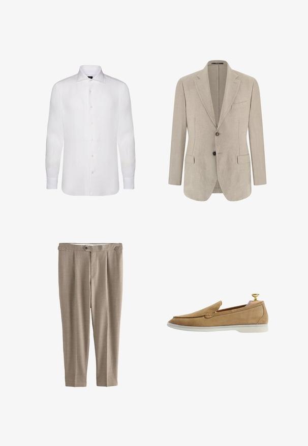 Blazer beige para hombre de un solo pecho con solapas con muesca, dos bolsillos frontales con solapa, un bolsillo en el pecho y dos botones.; Camisa blanca de manga larga abotonada, hecha de una tela ligera, con un cuello clásico, una textura sutil y seis botones al frente.; Pantalones rectos beige con una textura suave, cierre de un solo botón y dos pliegues frontales, con pasadores para cinturón y sin bolsillos.; Mocasin de ante beige con punta ligeramente afilada y suela de goma blanca. Presenta un calzador dorado y un diseño sencillo sin patrones visibles.