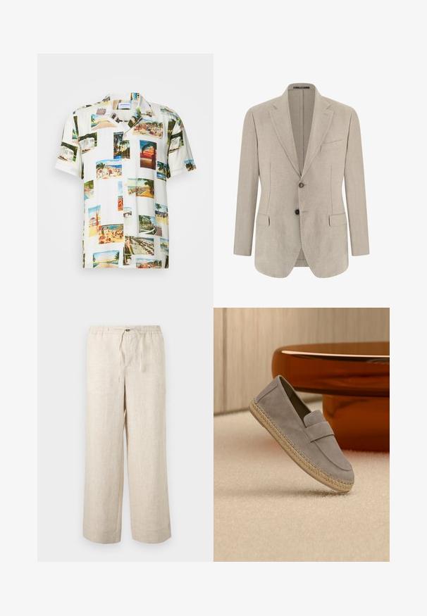 Beige enkeltknappet herreblazer med hakkede slag, to forlommer med klap, en brystlomme og to knapper.; Hvid kortærmet skjorte med et collage af fotografier af tropiske scener i forskellige farver. Letvægtsstof, knaplukning foran og afslappet pasform.; Beige linnedragt med vidde ben, elastisk talje, forreste knap og snøre lukning, vist på en ensfarvet lys baggrund.; Lysegrå ruskindsløffer med vævet jutesål, vist hvilende på et beige tæppe med et blankt brunt bord i baggrunden.