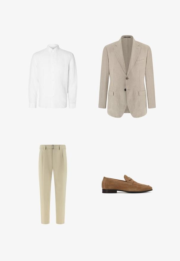 Beige einreihiges Herren-Sakko mit Kerbkragen, zwei vorderen Pattentaschen, einer Brusttasche und zwei Knöpfen.; Weißes Langarmhemd aus Leinen mit Button-Down-Kragen, vorderen Knöpfen und einer lässigen Passform mit geraden Manschetten.; Beige maßgeschneiderte Hose mit Gürtelschlaufen, einem schmalen Metallgürtelschnalle, vorderen Bügelfalten und einem verjüngten geraden Bein.; Hellbrauner Veloursleder-Herrenloafer mit perforiertem Design, niedrigem schwarzem Absatz und einem Riemendetail über dem Spann.