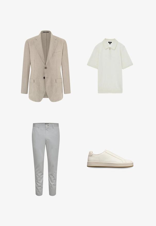 Beige enkelrijjksoverhemd herenblazer met ingesneden revers, twee voorflapzakken, één borstzak en twee knopen.; Cremekleurige polo met ritssluiting, gemaakt van zachte stof, heeft een puntkraag, korte mouwen en een rechte zoom.; Lichtgrijze op maat gemaakte broeken met een gladde textuur, voorzien van een knoopsluiting, riemlussen en voorzakken. Cropped enkellange ontwerp.; Witte lederen instapsneakers met een gestructureerde afwerking, minimalistisch ontwerp, gestikte accenten en een beige rubberen zool.
