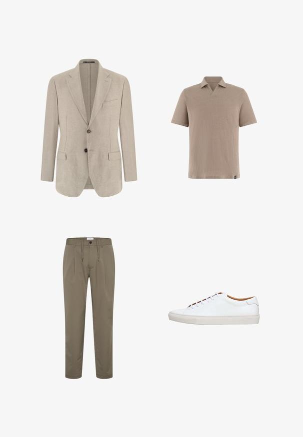 Blazer beige para hombre de un solo pecho con solapas con muesca, dos bolsillos frontales con solapa, un bolsillo en el pecho y dos botones.; Polo beige de manga corta con cuello en V y solapa, con una pequeña etiqueta negra con la letra B en el dobladillo inferior.; Pantalones verde oliva hechos de una tela suave con un corte relajado, cinturilla elástica con cordón y dos pliegues delanteros para un diseño adicional.; Zapatilla blanca de cuero con suela de goma texturizada, puntera redonda e interior en contraste color marrón claro. Cuenta con cinco ojales y cordones blancos.