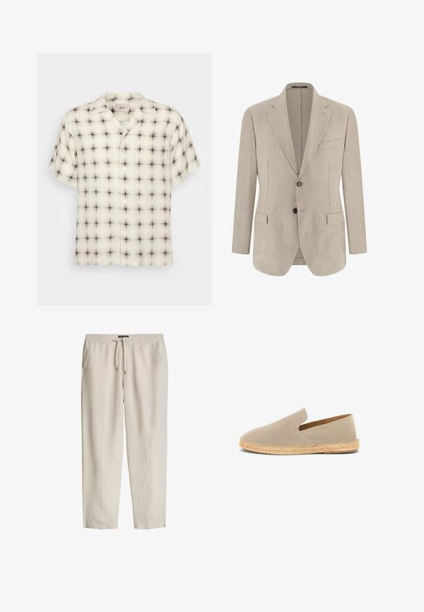 Blazer beige pour homme à simple boutonnage avec revers crantés, deux poches à rabat à l'avant, une poche poitrine et deux boutons.; Chemise à manches courtes à boutonner de couleur crème claire avec un motif écossais noir et gris, équipée d'un col campagnard et d'une poche poitrine unique.; Pantalon beige décontracté avec taille élastique, cordon de serrage et poches latérales, fabriqué en tissu léger.; Espadrille beige en daim à enfiler avec semelle enveloppée de jute et petit talon, vue latérale sur fond blanc.