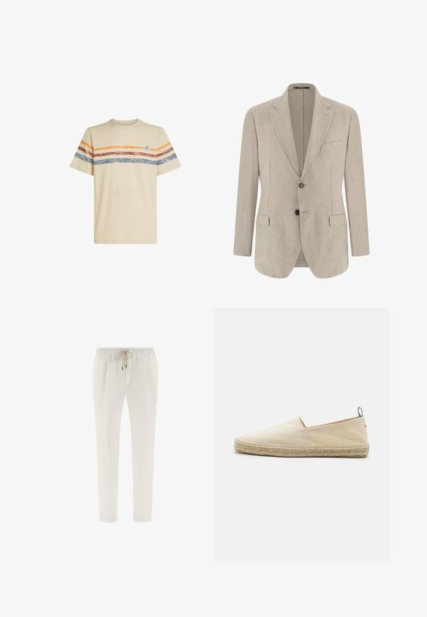Beige enkeltknappet herreblazer med hakkede slag, to forlommer med klap, en brystlomme og to knapper.; Cremefarvet bomulds t-shirt med horisontale striber i orange, rød og blå. Korte ærmer, rund halsudskæring og lille logo-detail på brystet.; Off-white afslappede bukser med elastisk talje og beige snor, lige ben pasform og minimal detaljering.; Beige canvas espadrille med rund tå, flettet jutesål og en lille rød og blå accent på hælen. Letvægtig uden lukning.