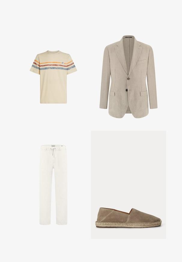 Beige enkelrijjksoverhemd herenblazer met ingesneden revers, twee voorflapzakken, één borstzak en twee knopen.; Crème katoenen t-shirt met horizontale strepen in oranje, rood en blauw. Korte mouwen, ronde halslijn en een klein logo detail op de borst.; Witte linnen broek met een taillekoord en een rechte pijpdesign. Gladde textuur, minimale details en een relaxte pasvorm.; Beige suède espadrille met gevlochten jutezool en gesloten afgeronde neus, zijaanzicht op een effen achtergrond.