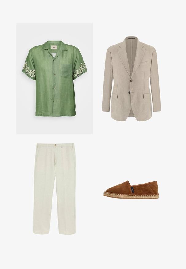 Beige enkelrijjksoverhemd herenblazer met ingesneden revers, twee voorflapzakken, één borstzak en twee knopen.; Korte mouwen groene linnen shirt met een knoopsluiting aan de voorkant, een opgestikt zakje en een ingewikkeld crèmekleurig spiraalpatroon op de mouwen. Lichtgewicht en ademend materiaal.; Marks & Spencer REGULAR FIT LINEN BLEND - Broek - stone; Bruine suède instapschoen espadrille met een ronde neus, natuurlijke jute zool en stiksels langs de rand. Geen zichtbare merknaam behalve een klein label.