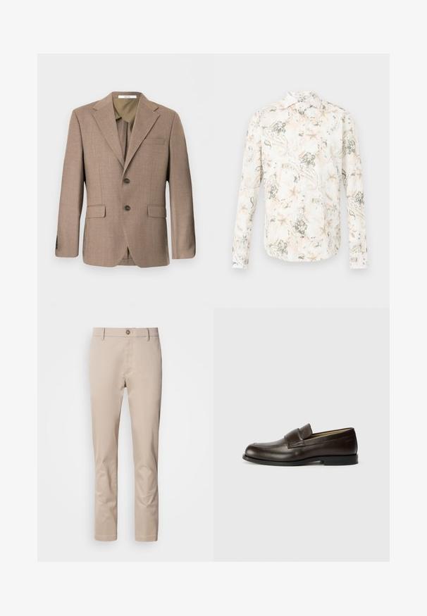 Blazer marron simple boutonnage pour homme avec revers crantés, deux poches avant à rabats, poche poitrine passepoilée et fermeture à deux boutons.; Chemise à manches longues avec boutons, ornée d'un motif floral et cachemire aux tons beige pâle, gris et pêche clair sur fond blanc.; Chinos en coton beige avec une coupe droite, passants de ceinture, un unique bouton frontal et une surface lisse, sans texture. Aucune poche n'est visible.; Calvin Klein Chaussons - cocoa brown