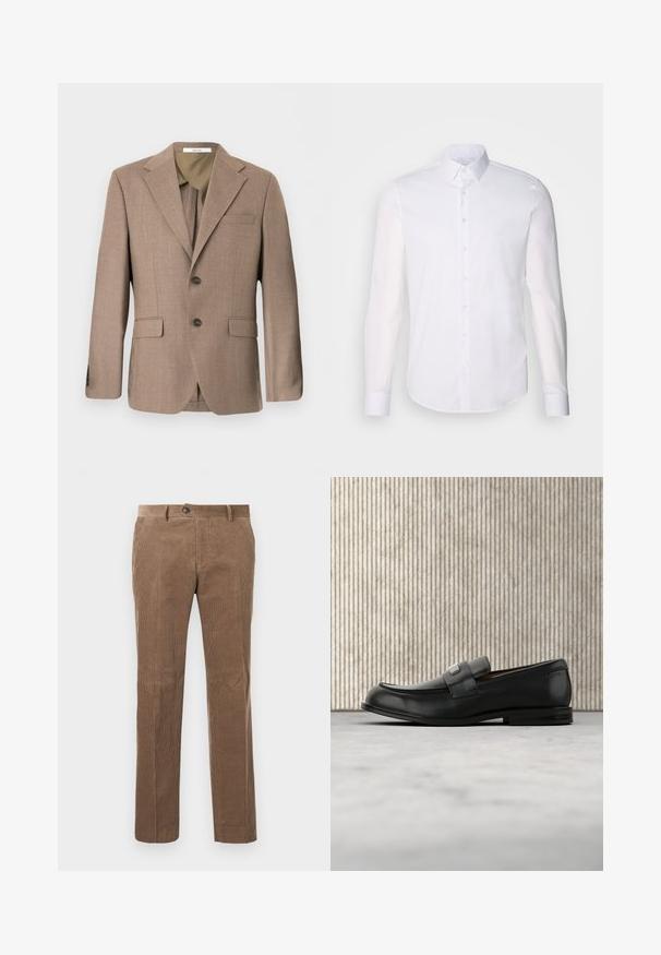 Blazer marrón de hombre de un solo pecho con solapas de muesca, dos bolsillos delanteros con solapa, bolsillo en el pecho y cierre de dos botones.; Camisa blanca de manga larga y botones, hecha de algodón, que presenta un cuello clásico, botones en la parte delantera y un detalle de costura minimalista.; Pantalones de pana marrones con textura de ribete vertical, diseño de pierna recta, cierre de un solo botón y dos bolsillos frontales.; Mocasín de cuero negro con una placa metálica de marca apoyado cerca de una mesa redonda marrón sobre un suelo alfombrado beige.