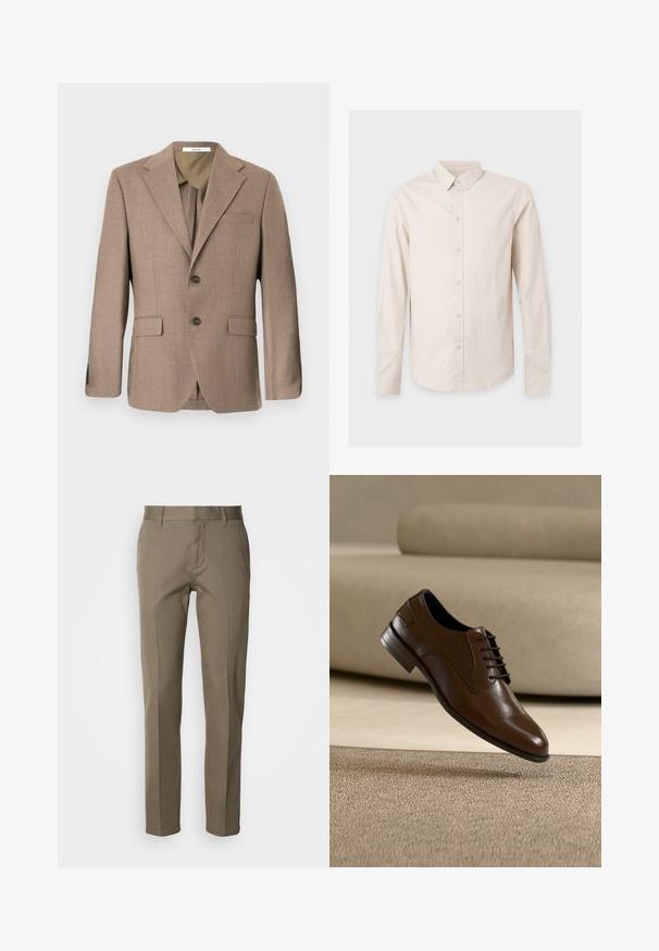 Brun enkeltknappet herreblazer med notch revers, to front flap lommer, brystlomme og lukning med to knapper.; Beige langærmet skjorte med knapper, krave, syv knapper foran og ensartet, glat stofstruktur.; Lysebrune bukser i et glat stof, med lige snit, lynlås foran og minimalistiske lommer. Ingen synlige mønstre eller detaljer.; Brun lædersko med tekstureret sidepanel og sorte snørebånd, svævende over et beige tæppe og sofa baggrund.