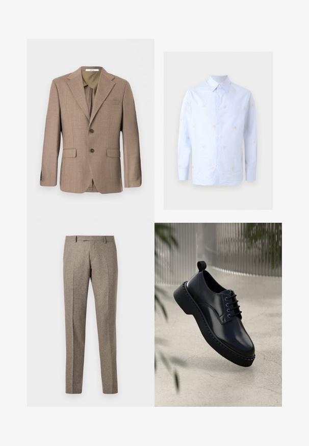 Bruine herenenkelrijjige blazer met notch revers, twee voorzakken met klep, borstzak en twee knopen sluiting.; Lichtblauw overhemd met lange mouwen en knopen, met een spitse kraag en kleine verspreide perzikbloemen borduursels.; Bruine wolblend broek met een rechte pijpdesign, voorzien van een subtiele textuur en kreuklijnen, afgewerkt met een klassieke tailleband.; Zwarte leren schoen met een ronde neus, vetersluiting en een dikke rubberen zool met een gestructureerde rand. Strakke afwerking en minimale hardware.